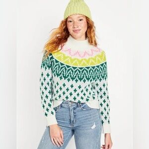Old Navy fair isle warm cozy mock neck cabincore colorful timeless sweater NWT M